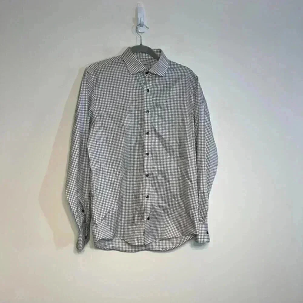 Twillory Safe Cotton Non Iron White Gray Windowpane Button Down 16‎ 34/35
